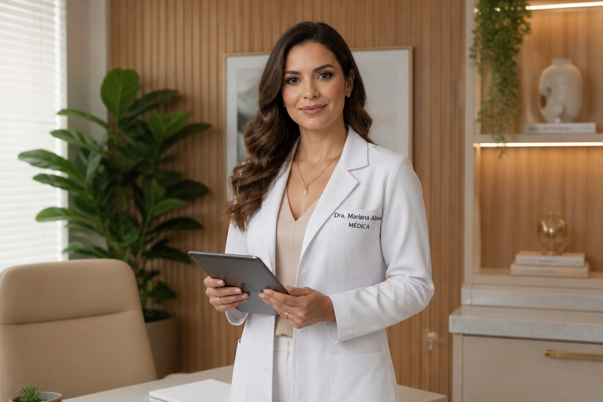 Médica acompanhando a agenda e o prontuário no Synapps Saúde