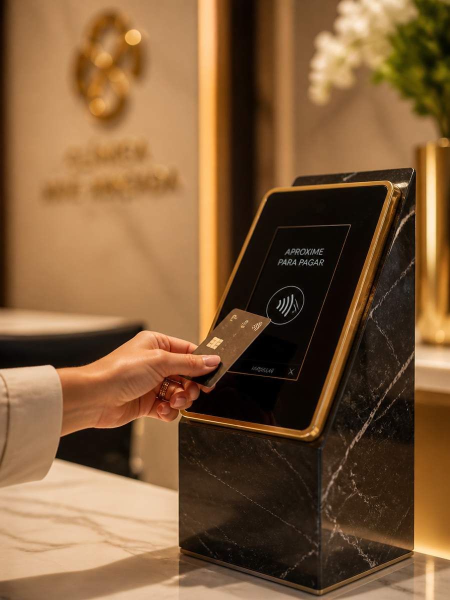 Pagamento por aproximação em totem da recepção de uma clínica premium